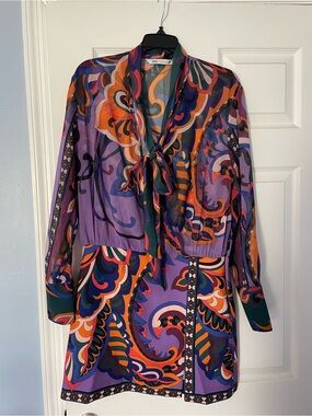 Zara Purple Multicolor Paisley Tie-Neck Mini Dress M